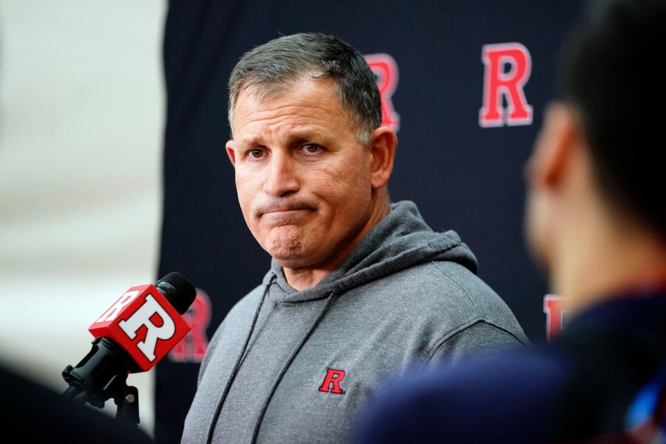 Rutgers head coach Greg Schiano answers questions from reporters during the Rutgers football pro day in Piscataway on Tuesday, March 21, 2023.<br>Football Rutgers Football Pro Day