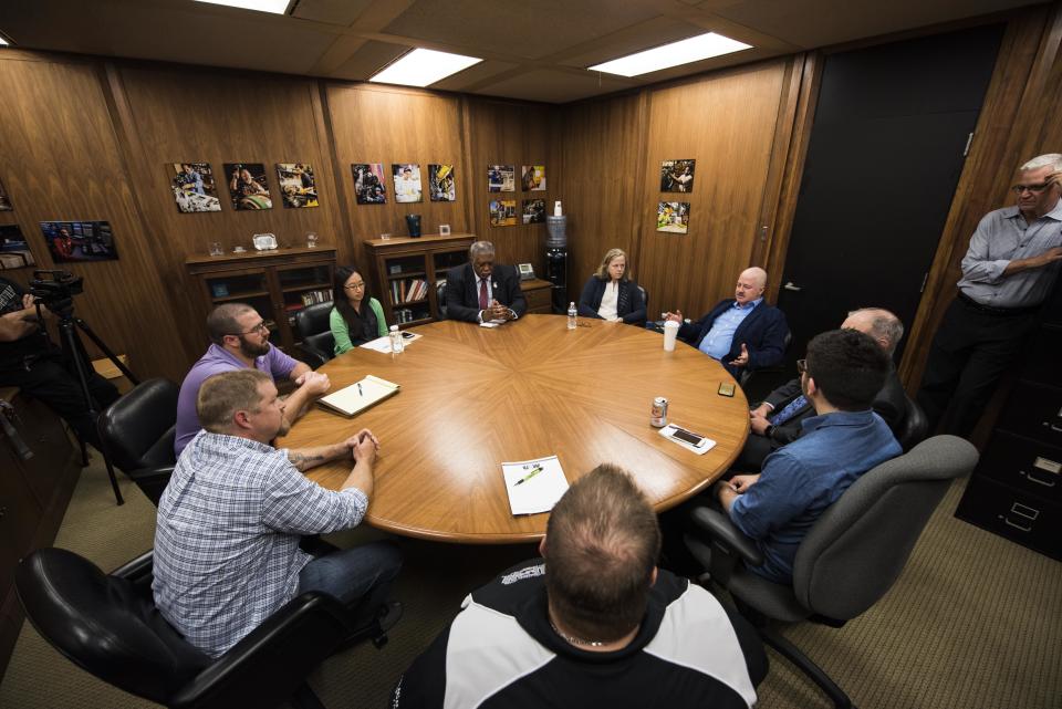 PITTSBURGH, PA - SEPTEMBER 29: Alex Kaufman moderates a United Steel Workers (USW) roundtable with union members Randy Denman Jr., Matt Powell, Ryan Fairley, Sabrina Liu, DeWitt Walton, Martha Rial, Jason McCune and Dan Miller as HuffPost visits Pittsburgh, Pennsylvania, on Sept. 29, 2017, as part of "Listen To America: A HuffPost Road Trip." The outlet will visit more than 20 cities on its tour across the country. (Photo by Damon Dahlen/HuffPost) *** Local Caption ***