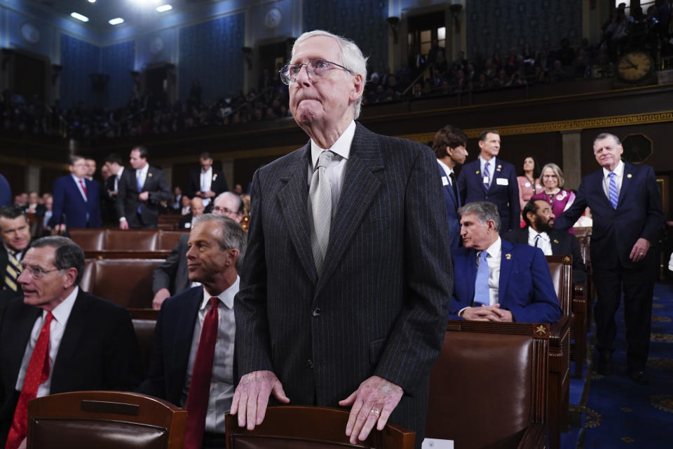 Senate Minority Leader Mitch McConnell of Ky., arrives before President Joe Biden delivers the State of the Union address to a joint session of Congress at the Capitol, Thursday, March 7, 2024, in Washington. (Shawn Thew/Pool via AP)