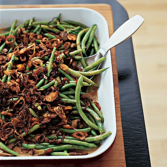 <p>This casserole can be made the day before—simply let it return to room temperature before you bake it. You can also re-crisp the fried shallots in the oven.</p><p><a href="https://www.foodandwine.com/recipes/green-beans-with-cremini-mushroom-sauce" rel="nofollow noopener" target="_blank" data-ylk="slk:GO TO RECIPE;elm:context_link;itc:0;sec:content-canvas" class="link ">GO TO RECIPE</a></p>