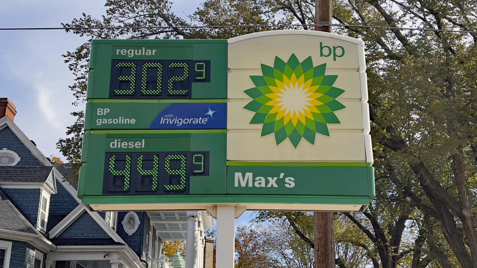 The gasoline price is displayed on a BP gas station sign in Kansas.