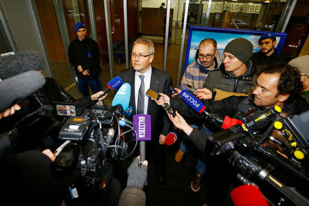 Court of Arbitration for Sport (CAS) secretary general Matthieu Reeb speaks to the media during the hearings of the cases of 39 of the 42 Russian athletes who have challenged the decisions taken by the Disciplinary Commission of the International Olympic Committee (IOC DC) in relation to the 2014 Sochi Winter Olympic Games, in Geneva, Switzerland, January 22, 2018. REUTERS/Pierre Albouy