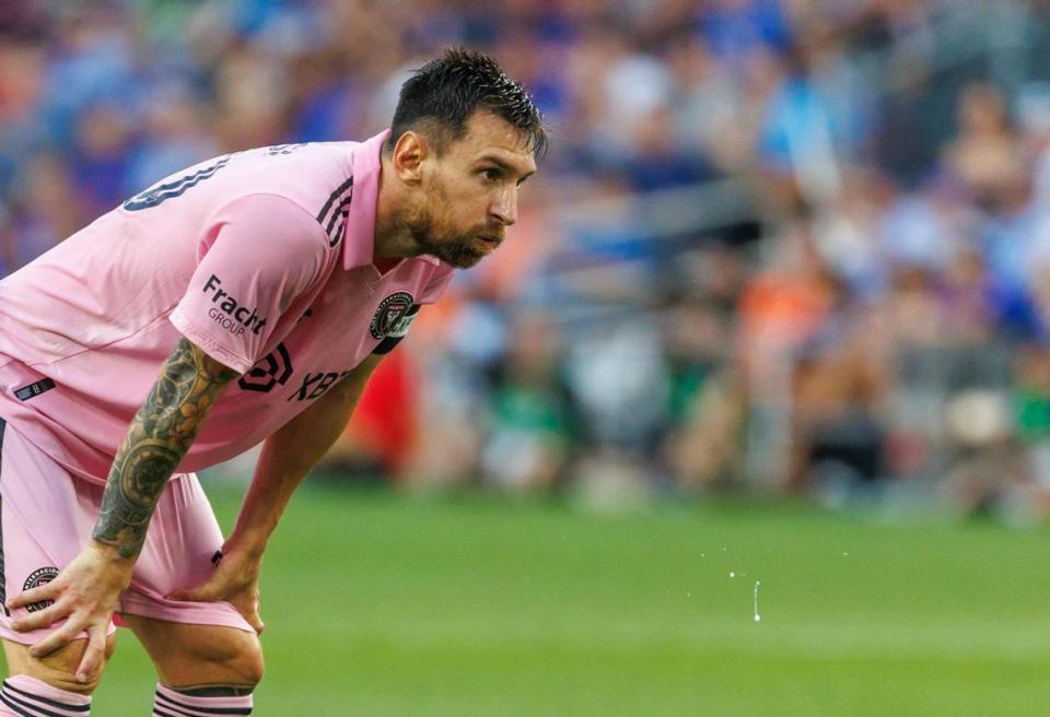 Inter Miami forward Lionel Messi (10) looks on during the first half of their U.S. Open Cup semifinal against FC Cincinnati at TQL Stadium on Wednesday, Aug. 23, 2023, in Cincinnati, Ohio.