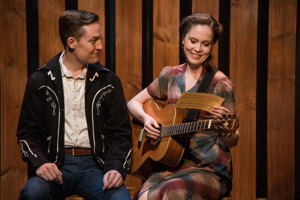 Caleb Adams plays a budding musician who teams up with a would-be songwriter played by Sarah Colt in the musical “Troubadour” at Florida Studio Theatre.