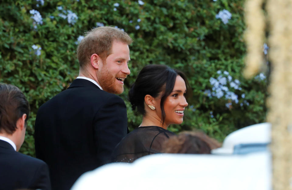 The Duke and Duchess of Sussex arrive to attend the wedding of fashion designer Misha Nonoo at Villa Aurelia in Rome, Italy on Sept. 20.&nbsp; (Photo: Remo Casilli / Reuters)
