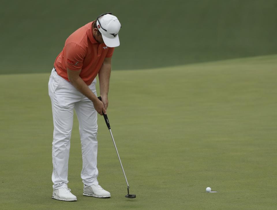 Eddie Pepperell, of England, putts on the 10th hole during the third round for the Masters golf tournament Saturday, April 13, 2019, in Augusta, Ga. (AP Photo/Marcio Jose Sanchez)