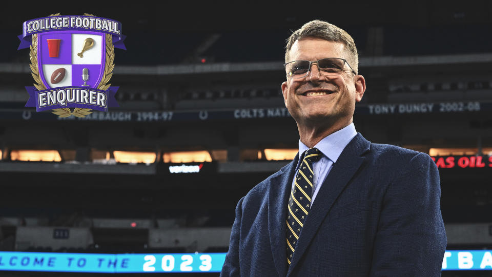 Michigan Wolverines head coach Jim Harbaugh is all smiles at Big Ten media days. Another reason to smile: is four-game suspension to kick off the 2023 season has likely been delayed until next year at the earliest. (Photo by James Black/Icon Sportswire via Getty Images)