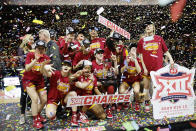 Iowa State celebrates after winning an NCAA college basketball championship game against Texas in the Big 12 Conference Tournament, Sunday, March 12, 2023, in Kansas City, Mo. (AP Photo/Colin E. Braley)