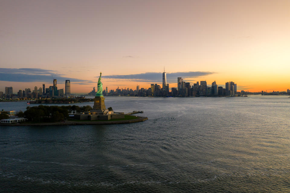 Aerial view of the Statue of Liberty and New York City skyline. (Photo: Gettyimages)