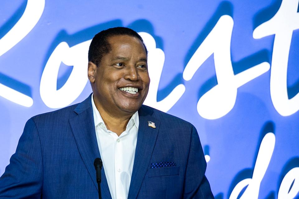 Republican presidential candidate Larry Elder speaks during the annual Roast and Ride fundraiser for U.S. Sen. Joni Ernst, Saturday, June 3, 2023, at the Iowa State Fairgrounds in Des Moines, Iowa.
