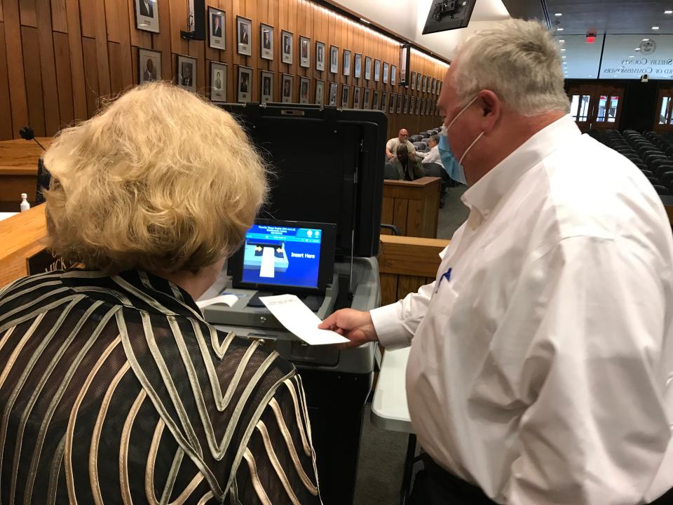 Shelby County Commissioner Mark Billingsley practices casting a ballot printed out from a ballot marking device Monday, June 6, 2022.