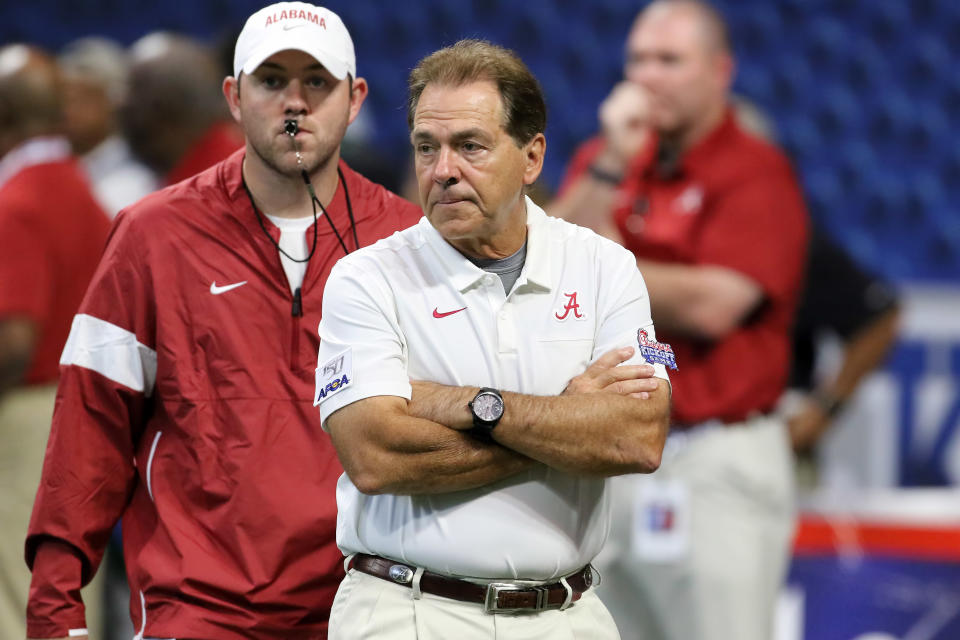 Nick Saban unleashed a torrent of expletives on officials Saturday, which did not go unnoticed by his wife. (Getty)