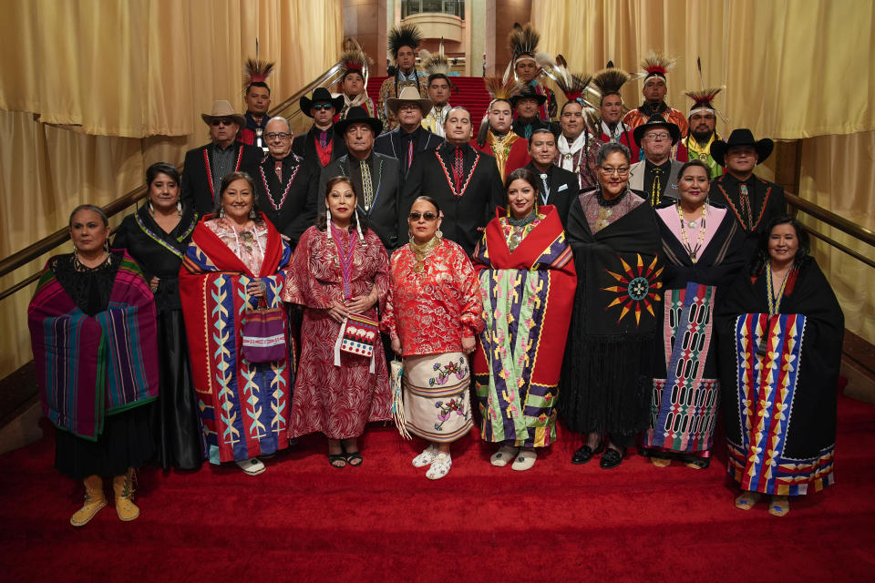 Members of the Osage Nation arrive at the Oscars on Sunday, March 10, 2024, at the Dolby Theatre in Los Angeles. (AP Photo/John Locher)