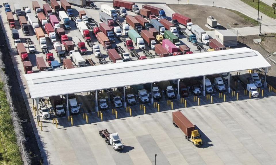 An aerial photo shows trucks entering Port of Houston facility in La Porte, Texas.