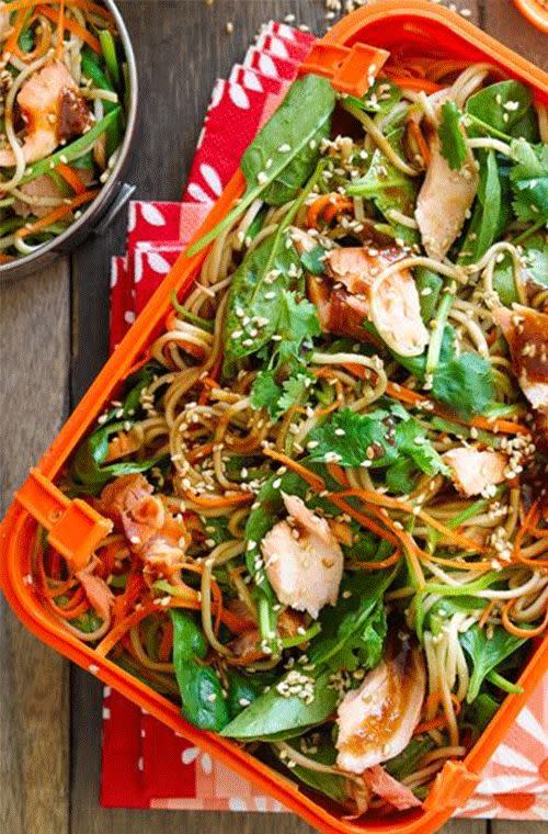 Soba noodle salad with salmon and miso dressing