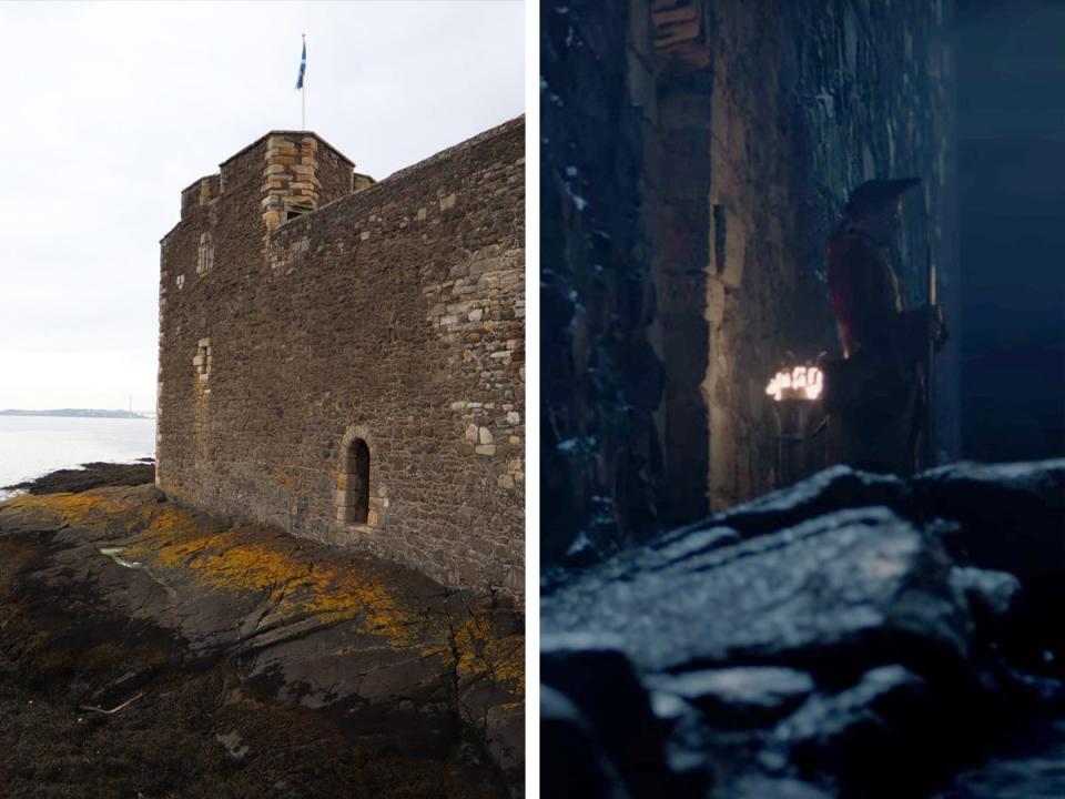 Side by side comparison the exterior gate along the water at Blackness Castle in Scotland with the author's view during daytime on the left and a still from "Outlander" at night on the right.