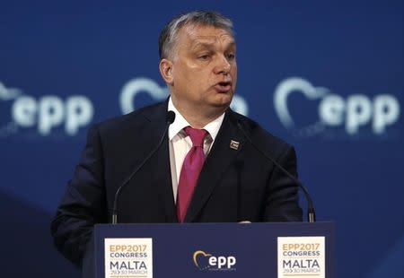 Hungarian Prime Minister Viktor Orban takes part in a European People Party (EPP) summit in St Julian's, Malta, March 30, 2017. REUTERS/Darrin Zammit Lupi