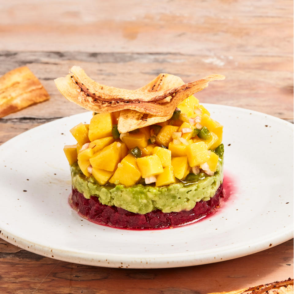 Mango, Beet & Avocado Tartare with Plantain Chips