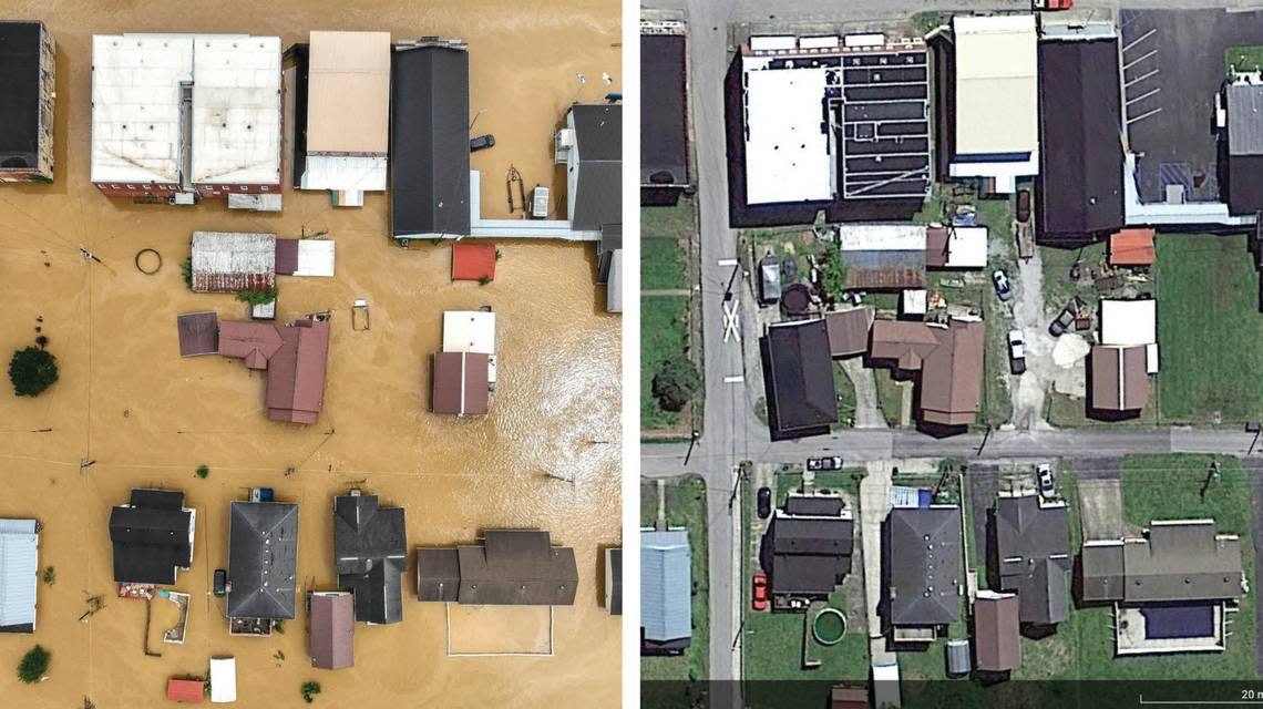 At left, buildings and roads are flooded in Garrett, Ky., on Thursday, July 28, 2022. The same area is shown before the flooding from Google Earth at right.