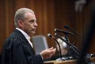 State Prosecutor Gerrie Nel speaks during the fifth day of the trial of Olympic and Paralympic track star Oscar Pistorius, for the murder of his girlfriend Reeva Steenkamp, at the North Gauteng High Court in Pretoria March 7, 2014. REUTERS/Themba Hadebe/Pool (SOUTH AFRICA - Tags: SPORT ATHLETICS CRIME LAW)