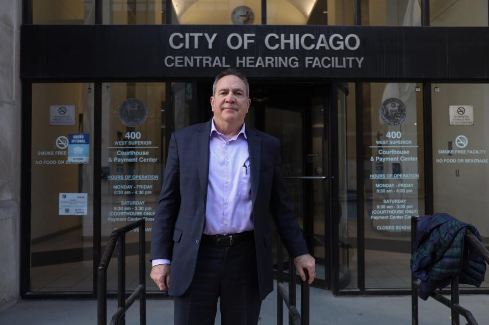 James Byczek stands outside the City of Chicago Central Hearing Facility.