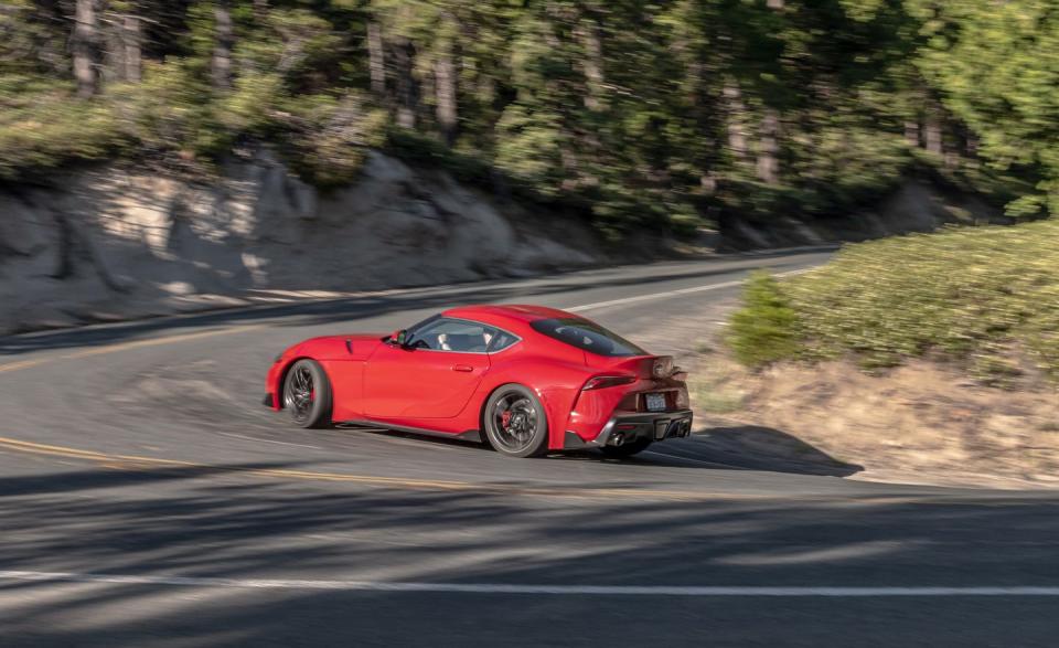 <p>Lighter and nimbler, the Toyota Supra can run nose-to-tail with the Ford Mustang Shelby GT-350 despite claiming "only" 335-hp from its turbocharged inline six. </p>