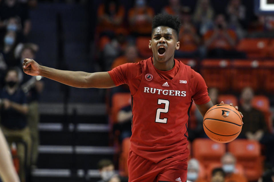 Rutgers' Jalen Miller signals a play during the second half of the team's NCAA college basketball game against Illinois on Friday, Dec. 3, 2021, in Champaign, Ill. (AP Photo/Michael Allio)