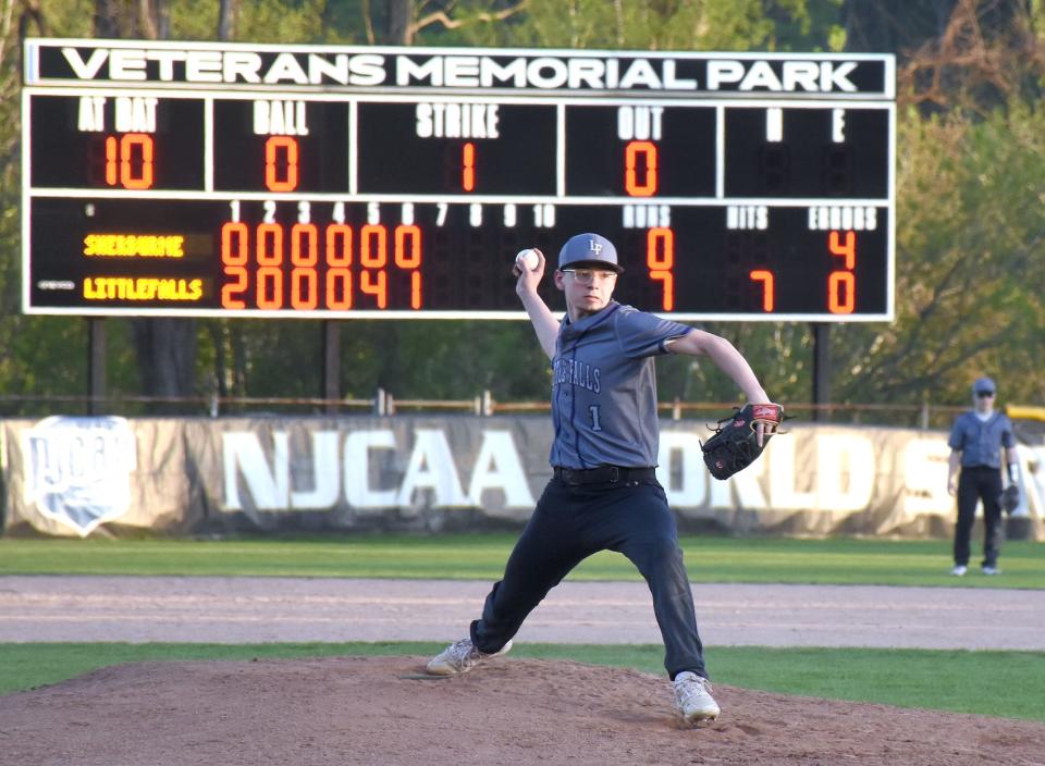 Little Falls Mountie Gavin Trumbull delivers a pitch during the seventh inning of his perfect game Tuesday against Sherburne-Earlville.