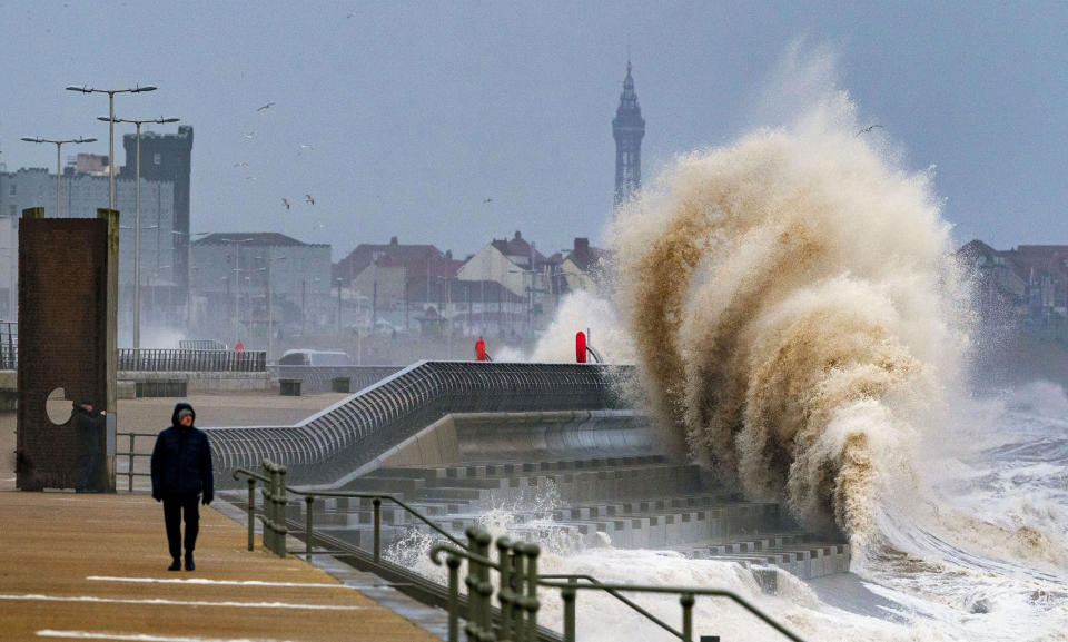 Waves crashing on the seafront at Blackpool before Storm Dudley hits the north of England/southern Scotland from Wednesday night into Thursday morning, closely followed by Storm Eunice, which will bring strong winds and the possibility of snow on Friday. Picture date: Wednesday February 16, 2022.