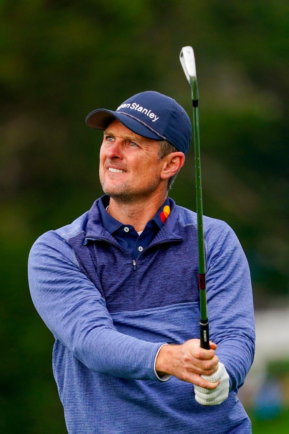Feb 3, 2024; Pebble Beach, California, USA; Justin Rose hits his tee shot on the fifth hole during the third round of the AT&T Pebble Beach Pro-Am golf tournament at Pebble Beach Golf Links. Mandatory Credit: Michael Madrid-USA TODAY Sports