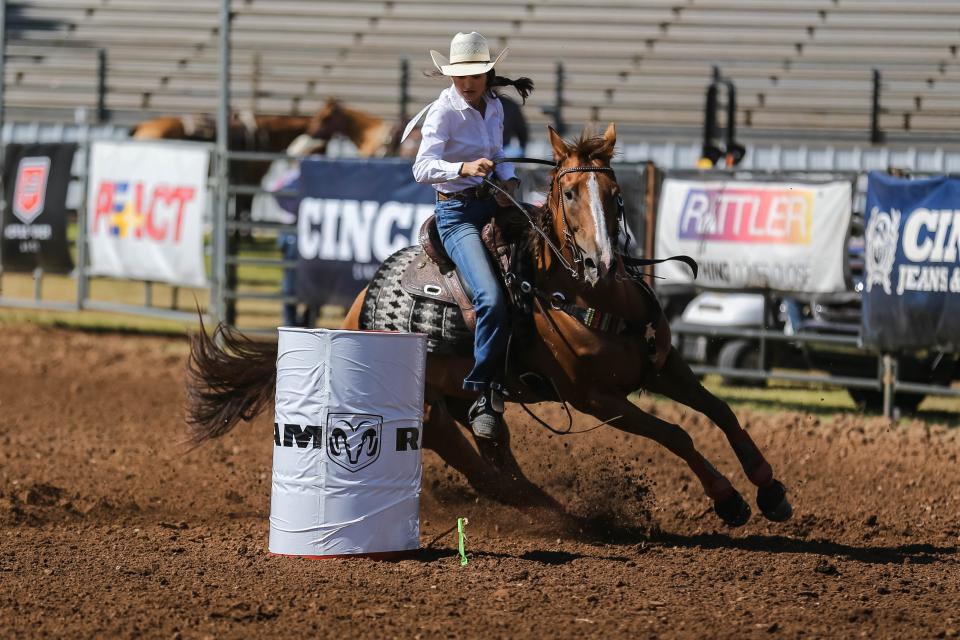 Emily Askew, of Sealy, Texas competes in Barrel Racing on Monday at the International Finals Youth Rodeo at the Heart of Oklahoma Exposition Center in Shawnee.