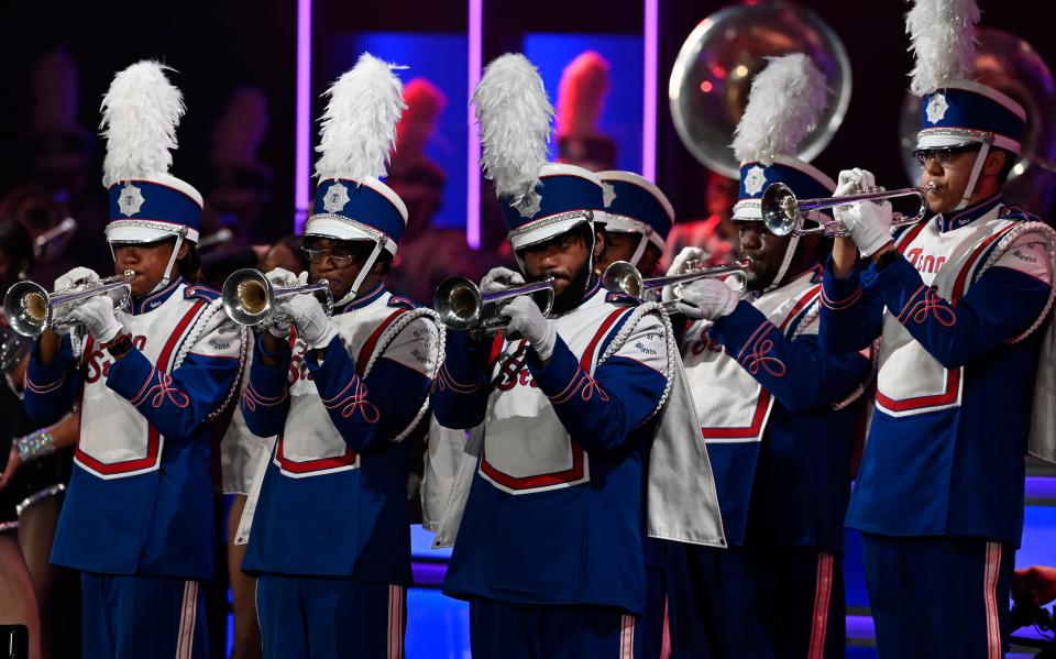 Grammy-award winning Tennessee State University's Aristocrat of Bands performs during their debut at the Grand Ole Opry Tuesday, April 4, 2023, in Nashville, Tenn.