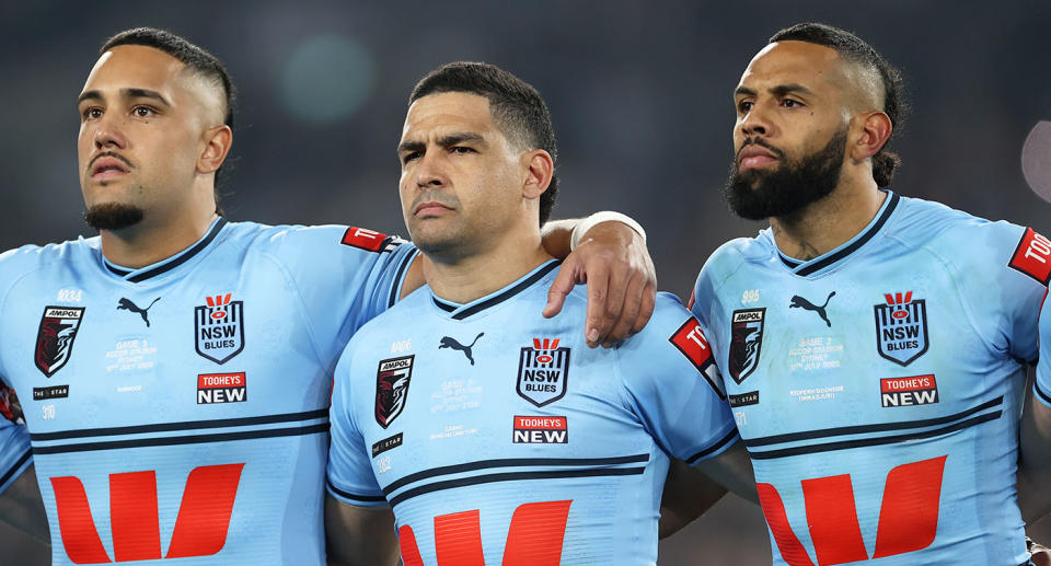 Pictured centre is Cody Walker before a State of Origin game for NSW.