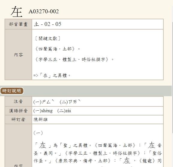 該字解答疑似為正字音義相同但形體不同之異體字，可讀「ㄗㄞˋ」或是「ㄕㄥˋ」（圖／翻攝自教育部異體字字典）