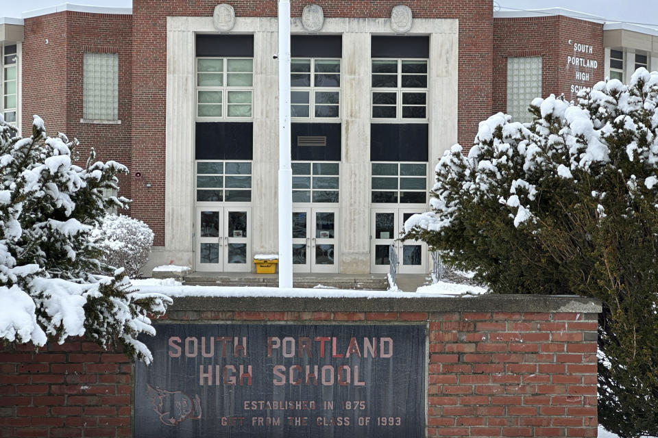 South Portland High School is seen, Monday, Jan. 29, 2024, in South Portland, Maine. The city school district's diversity, equity and inclusion coordinator resigned his position after receiving a threatening, hateful letter from a white supremacist. (AP Photo/David Sharp)
