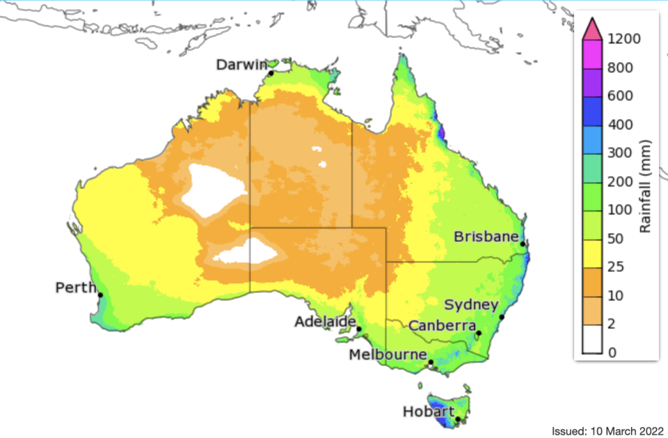 Parts of Australia could see higher than average rainfall between April and June this year. Source: Bureau of Meteorology 