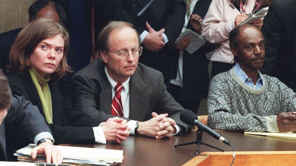 Anette Sørensen, a 30-year-old actress from Copenhagen, left, Danish Consul General lawyer Peter Hesselund-Jensen, center, and Exavier Wardlaw, right, listen during a Family Court hearing in New York in 1997. Source: AAP