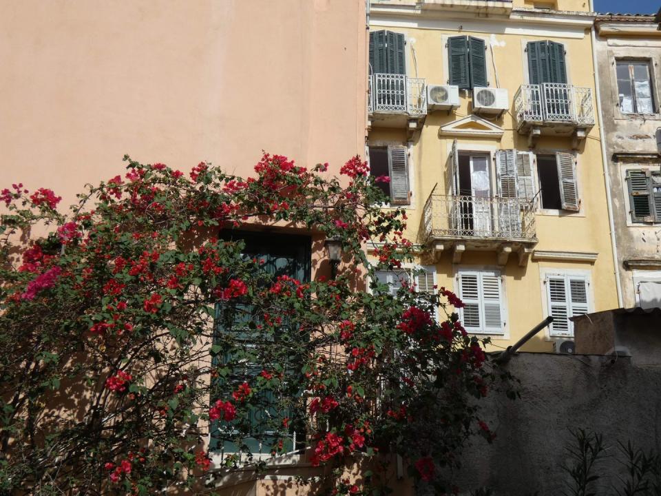 a building with many windows and flowers on the side