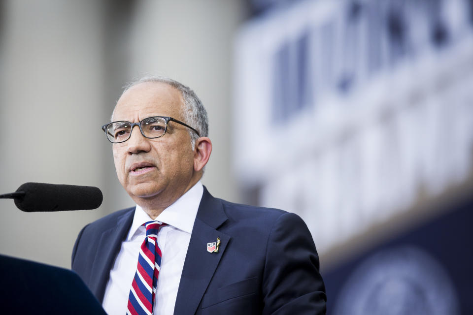 MANHATTAN, NY - JULY 10: Carlos Cordeiro, United States Soccer Federation President gives a speech on the steps of City Hall after the ticker tape parade down Broadway and through the through the Canyon of Heroes,.  This celebration was put on by the City of Manhattan to honor the team winning the 2019 FIFA World Cup Championship title, their fourth, played in France against Netherlands, at the City Hall Ceremony in the Manhattan borough of New York on July 10, 2019, USA.  (Photo by Ira L. Black/Corbis via Getty Images)