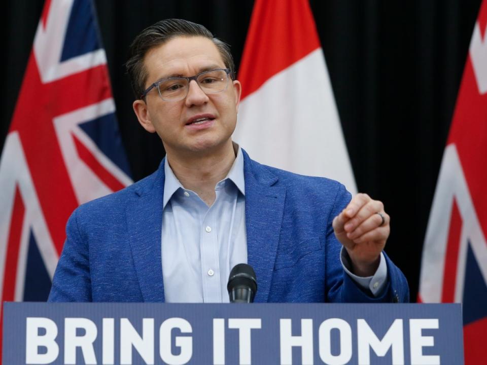 Pierre Poilievre, leader of the Conservative Party of Canada, says he will 'keep speaking and keep speaking, and keep blocking' the federal government's budget from passing the House of Commons. (John Woods/The Canadian Press - image credit)