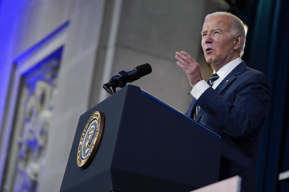President Joe Biden delivers remarks at the White House Tribal Nations Summit at the Department of the Interior, Wednesday, Dec. 6, 2023, in Washington. (AP Photo/Evan Vucci)
