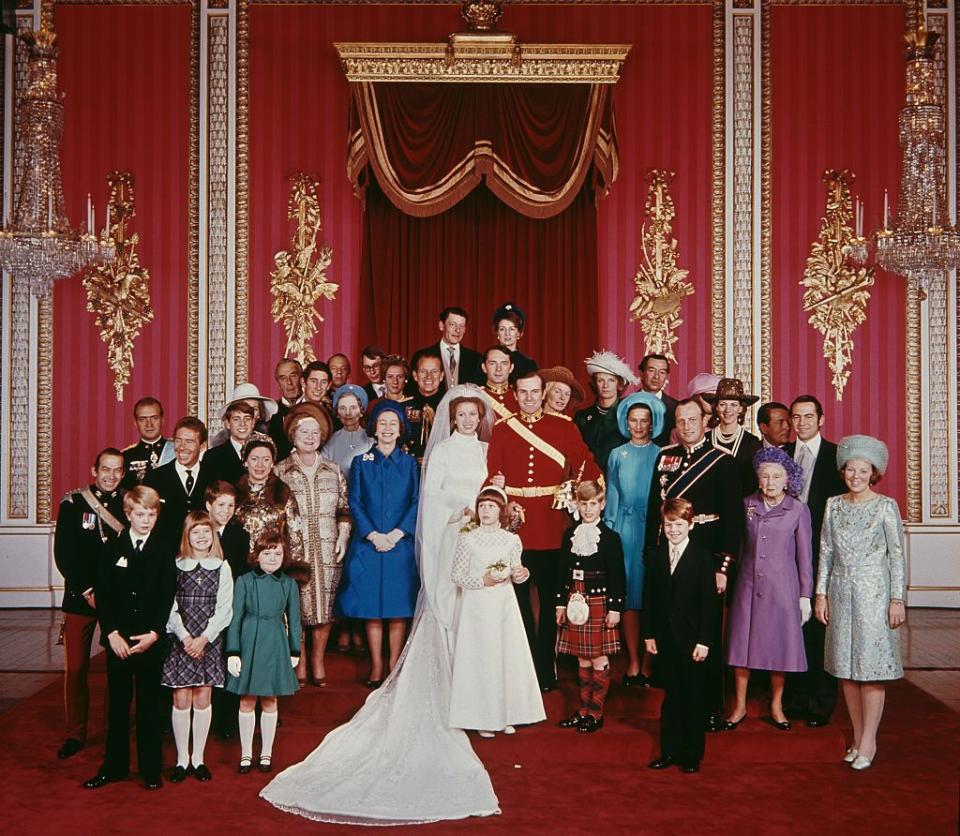 <p>Gathered with members of the royal family for her wedding to Mark Phillips at Westminster Abbey. </p>