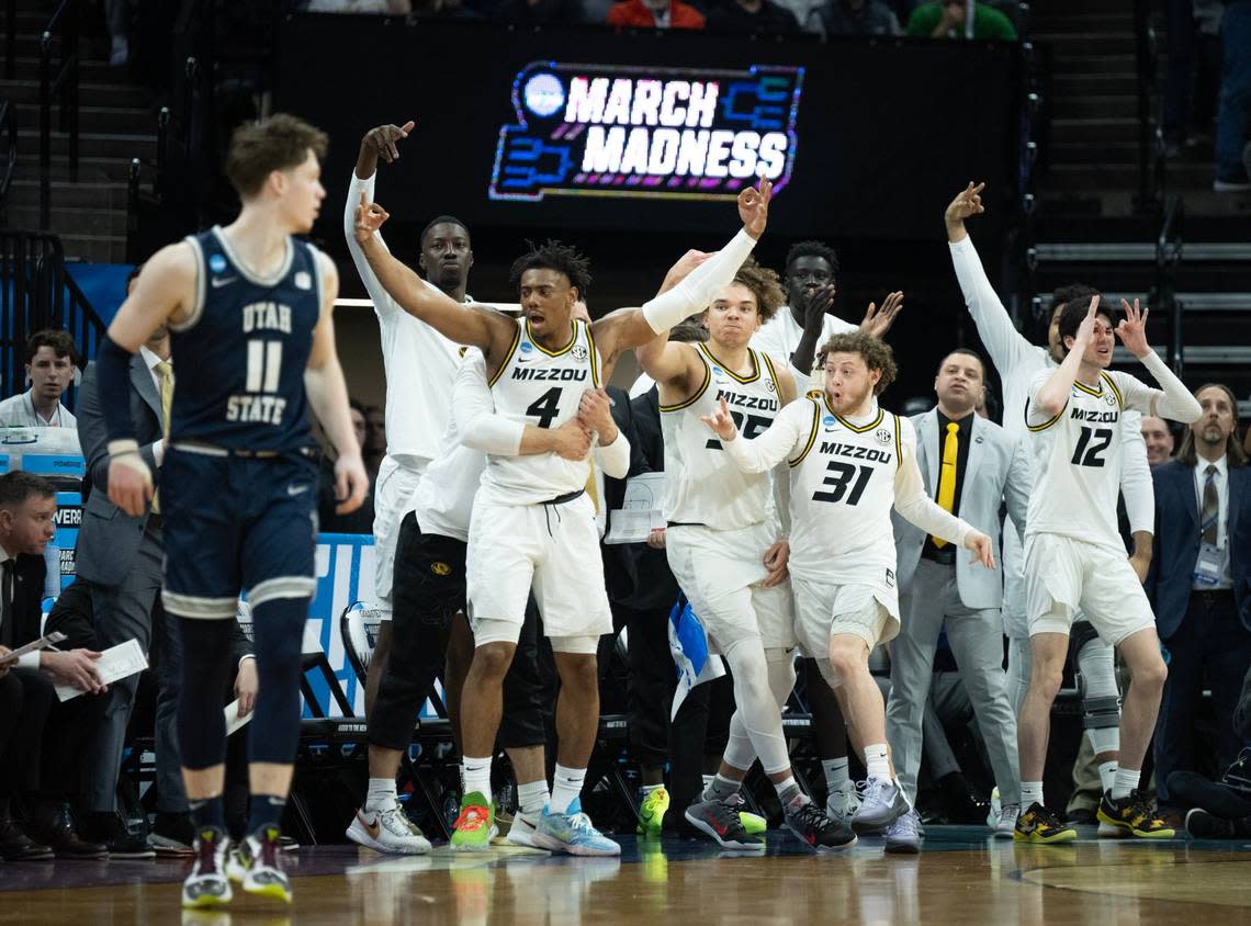 Missouri Tigers reacts after a three-point basket by Missouri Tigers guard Kobe Brown (24) during a game for the NCAA Tournament at Golden 1 Center in Sacramento, Thursday, March 16, 2023.