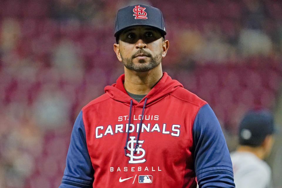 CINCINNATI, OH - APRIL 22:  Manager Oliver Marmol #37 of the St. Louis Cardinals walks to the dugout in the sixth inning during the game between the St. Louis Cardinals and the Cincinnati Reds at Great American Ball Park on Friday, April 22, 2022 in Cincinnati, Ohio. (Photo by Jeffrey Dean/MLB Photos via Getty Images)