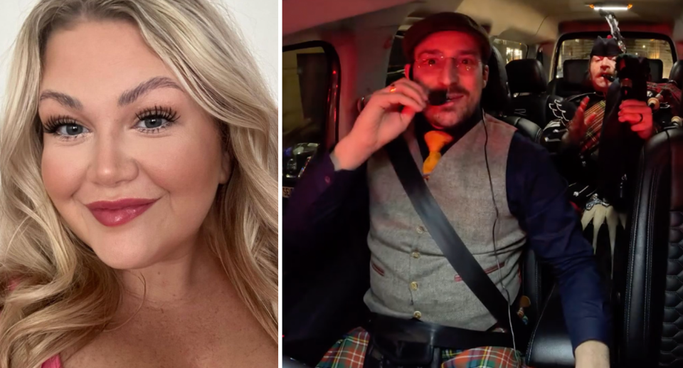 Scottish woman Lorri Boyle smiles to the camera (left) while Rolf sings with the microphone as a bagpiper plays in the back of his Uber (right). 