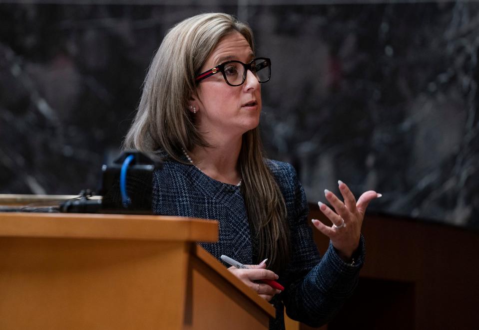 Mariell Lehman attorney for James Crumbley makes closing statements in the Oakland County Courtroom of Cheryl Matthews on Wednesday, March, 13, 2024 during his trial on four counts of involuntary manslaughter for the four students killed in the 2021 Oxford High School shooting perpetrated by his son Ethan Crumbley.