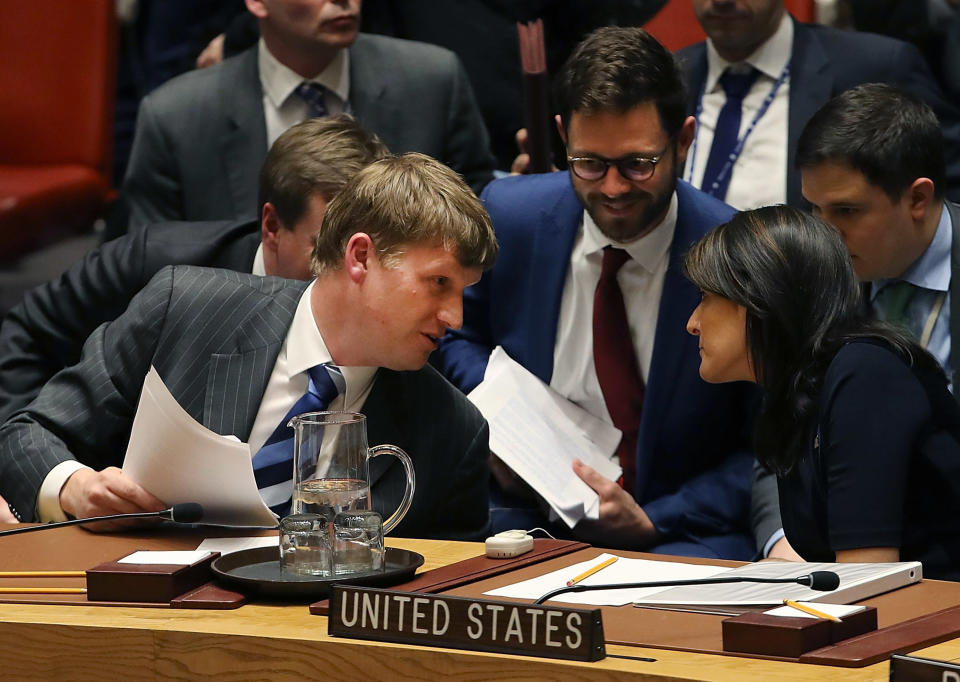 The UK Ambassador to the UN, Jonathan Allen, with his US counterpart Nikki Haley (Getty Images)