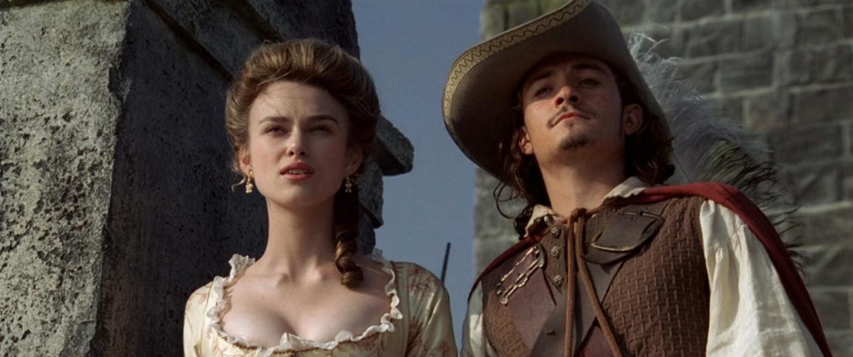 Keira Knightley as Elizabeth and Orlando Bloom as Will Turner in "Pirates of the Caribbean: The Curse of the Black Pearl."