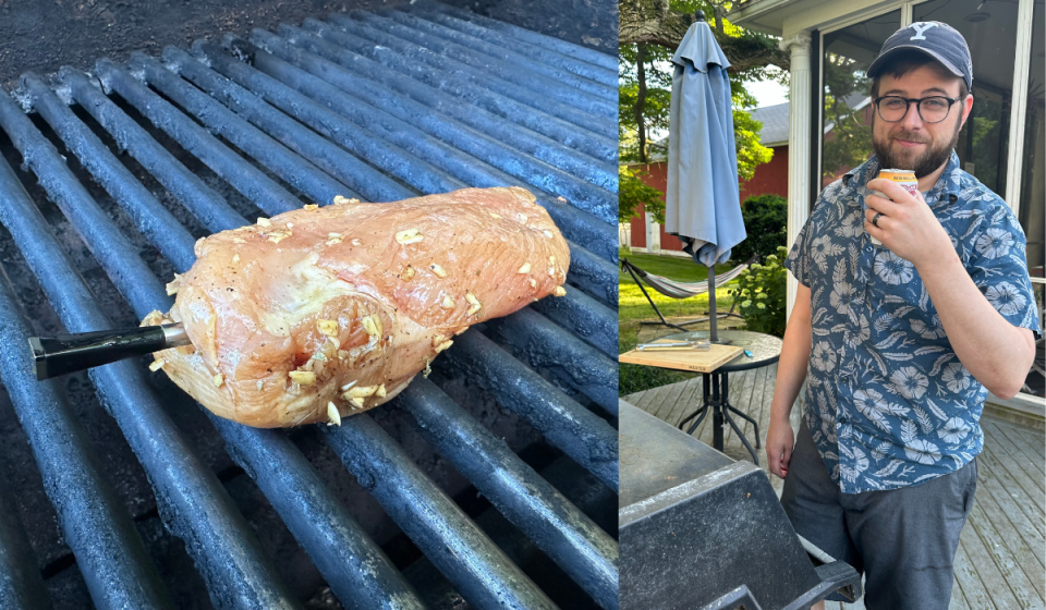 marinated chicken on grill with probe inside / the author's cutie-pie husband standing in front of the grill and holding a beer