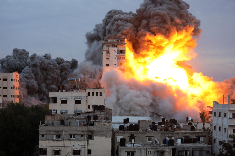 Israeli airstrike in Gaza, Palestine on October 7, 2023. (Photo by Majdi Fathi/NurPhoto via Getty Images)